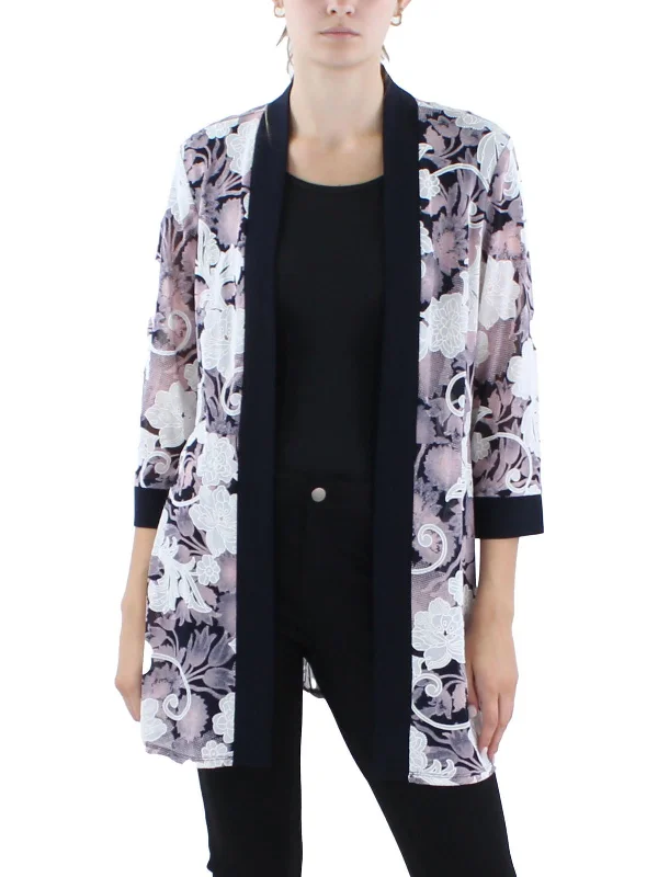 Petites Womens Printed Sheer Duster Blazer