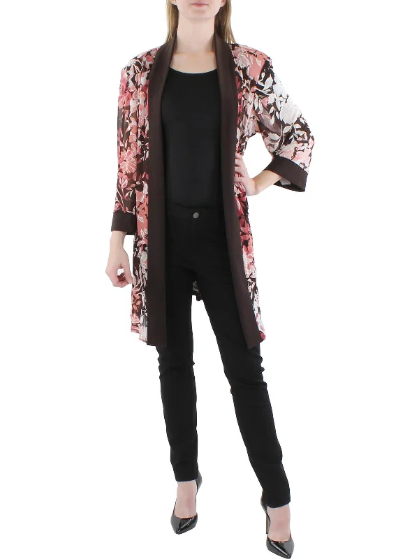 Plus Womens Floral Print Midi Open-Front Blazer