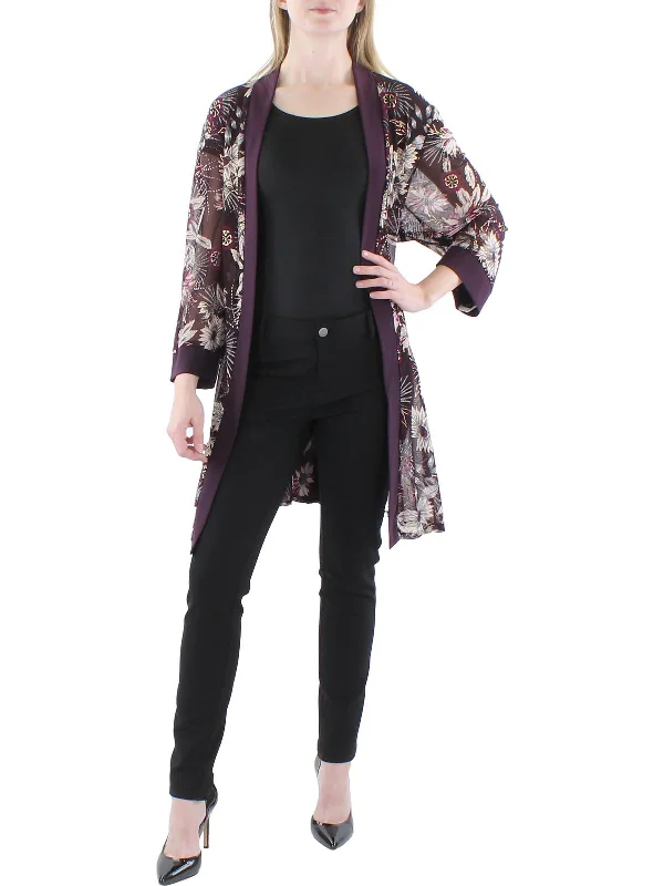 Plus Womens Mesh Floral Duster Blazer