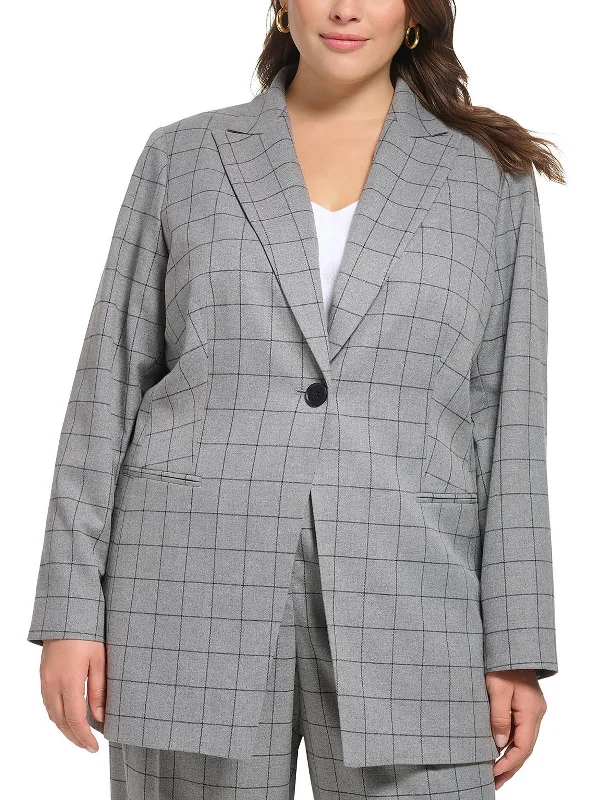 Plus Womens Window Pane Suit Separate One-Button Blazer