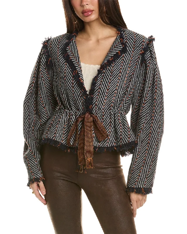 Ulla Johnson Ames Herringbone Tie-Front Collarless Jacket