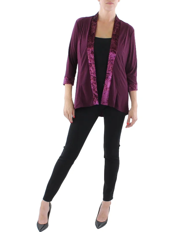 Womens Knit Velvet Trim Collarless Blazer