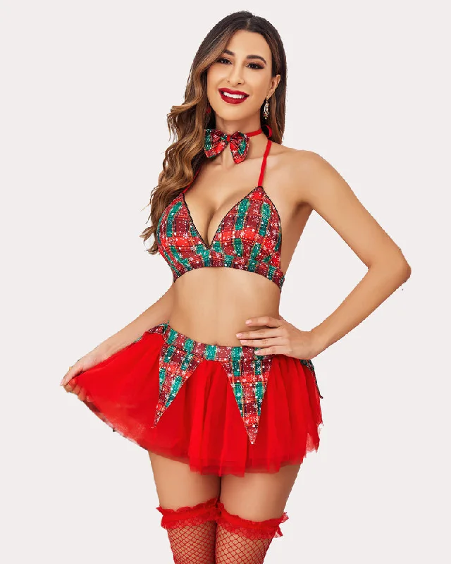 anniversary women bra and panty sets giftsPlaid Bra and Skirt with Bow Tie