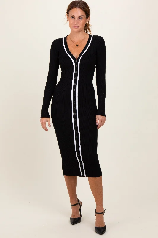 front closure women nursing braBlack Knit Contrast Stripe Button Down Dress