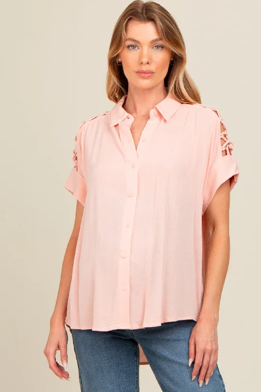 nursing bra for twins momsBlush Button Down Lace-Up Shoulder Maternity Top