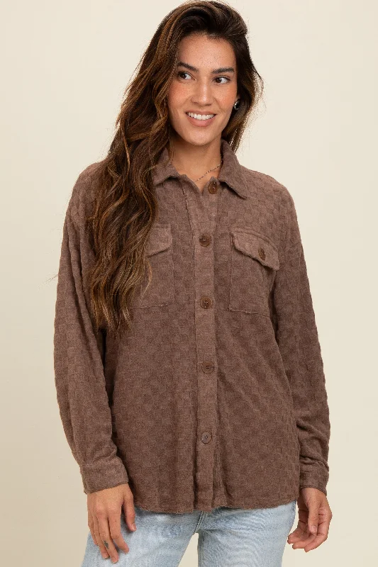sleep - friendly easy - access women nursing braBrown Checker Plaid Button Down Shirt