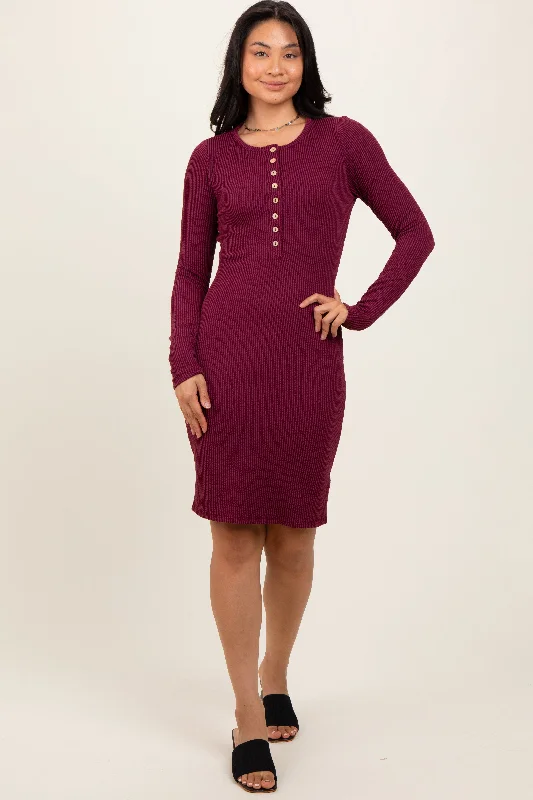 highly rated women nursing braBurgundy Ribbed Long Sleeve Half Button Up Fitted Dress