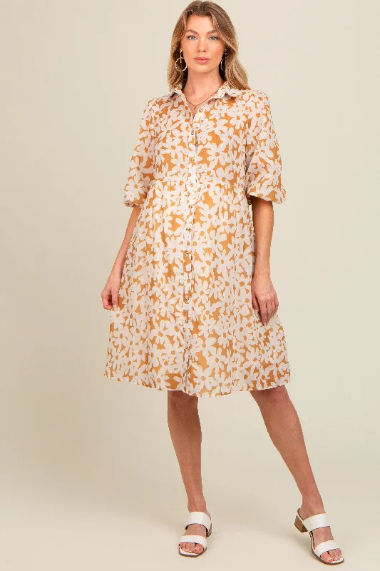 easy - access women nursing braCamel Floral Button Down Maternity Dress