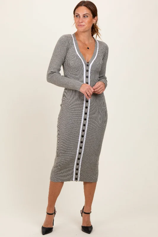 designer women nursing braCharcoal Knit Contrast Stripe Button Down Dress
