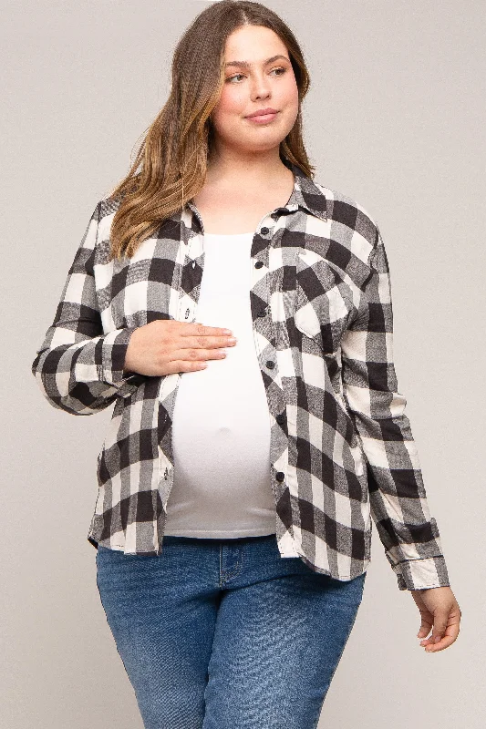 wireless women nursing bra for a natural feelCream Checkered Maternity Plus Long Sleeve Button Down Top
