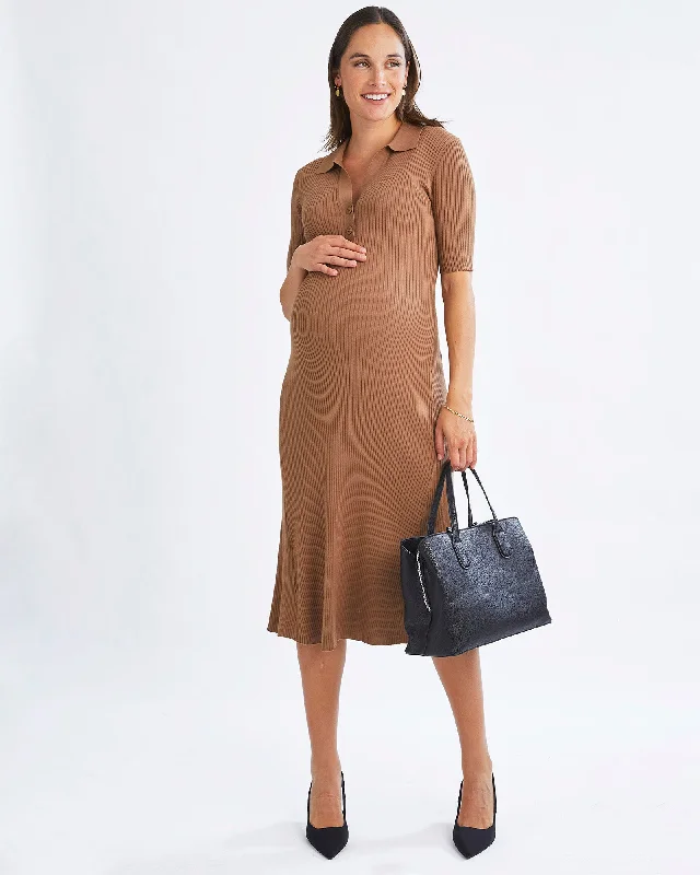 plain and simple women nursing braEleanor Elegance Knit Maternity Midi Dress in Camel