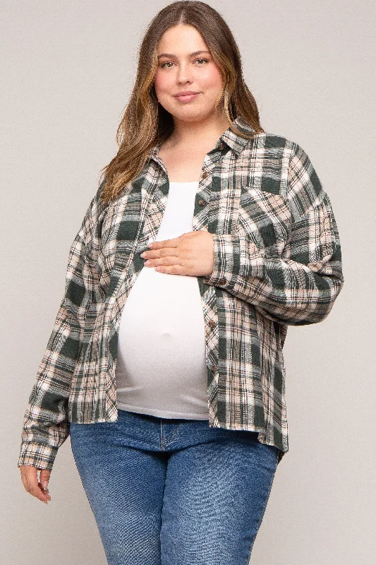 plus size front closure women nursing braForest Green Plaid Button Down Maternity Plus Top
