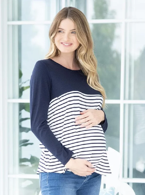 new mom's first women nursing braCleo Maternity Zipper Nursing Long Sleeve Top in Navy Stripe new mom's first women nursing braCleo Maternity Zipper Nursing Long Sleeve Top in Navy Stripe