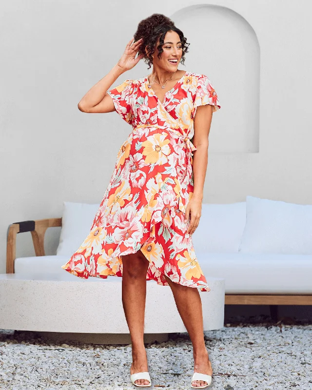 highly rated women nursing braMolly Maternity Wrap Midi Dress In Red Flora
