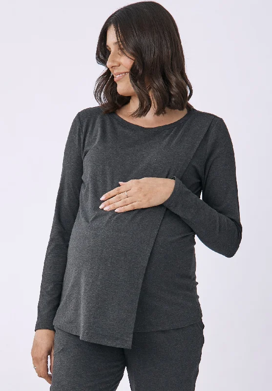 printed pattern women nursing braMonique Long Sleeve  Nursing Petal Top - Charcoal