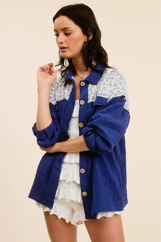 stylish design women nursing braNavy Blue Colorblock Floral Button Down
