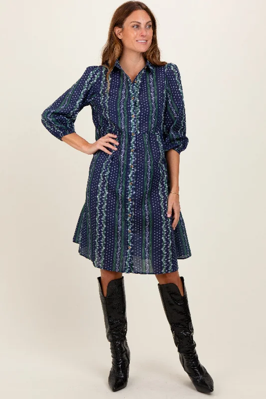 underwire alternative women nursing braNavy Floral Striped Button Down Midi Dress