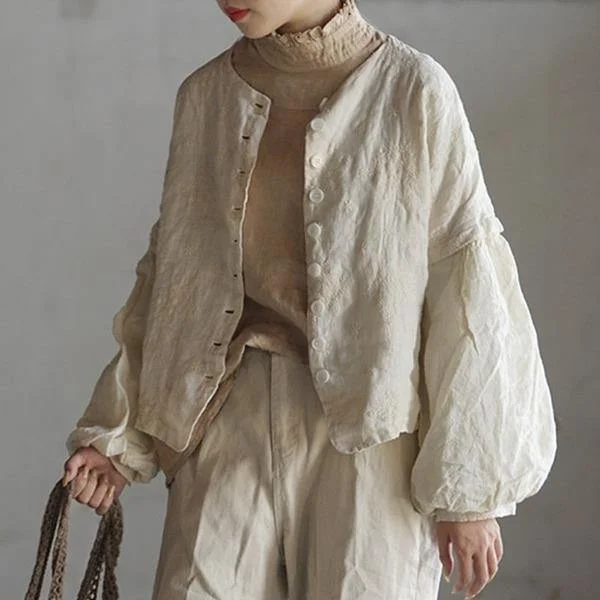 Cotton Linen Retro Embroidery O-neck Lantern Sleeve Coat 2022 Jacket