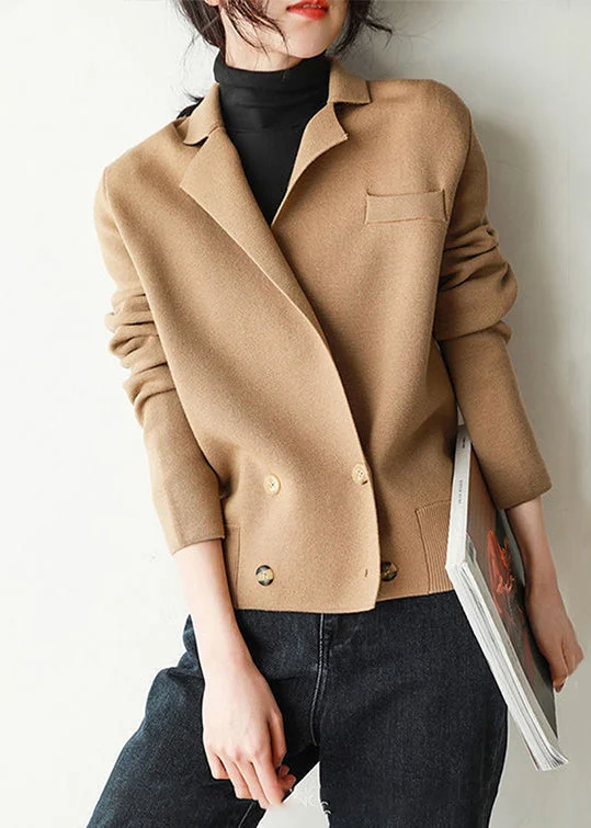 French Khaki Peter Pan Collar Button Patchwork Knit Coats Fall