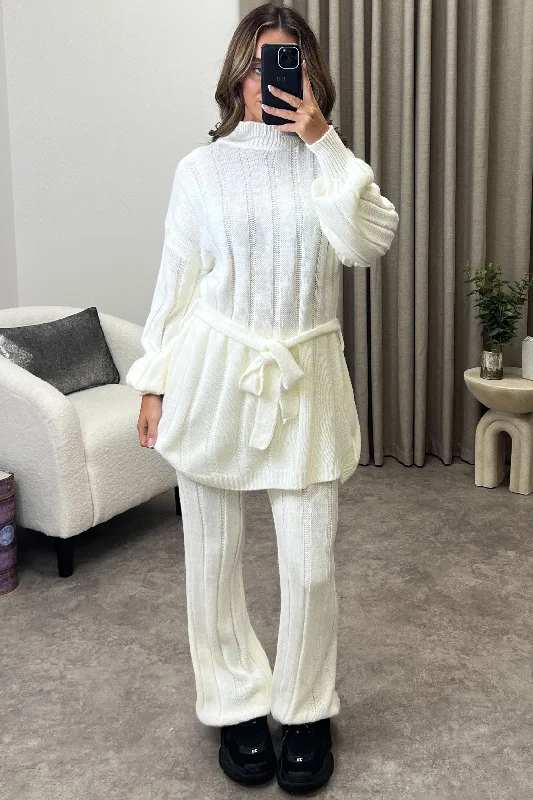 Kila Cream Belted Jumper and Trousers Knitted Loungewear Set