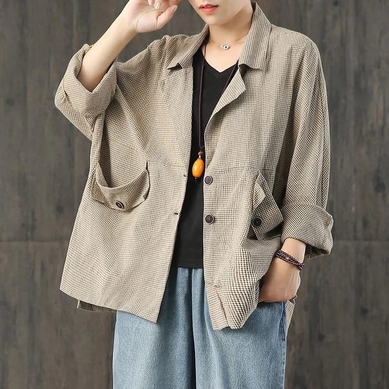 Loose Plaid Linen Outfit Sewing Khaki Coats Fall ( Limited Stock)