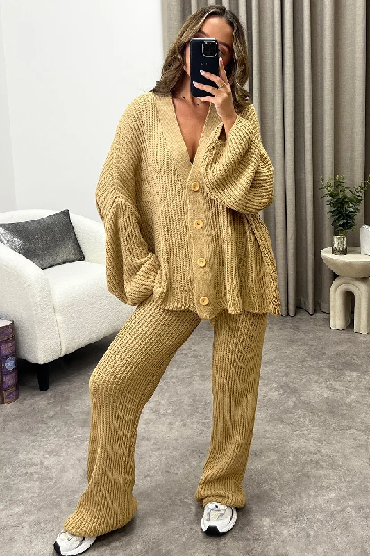 Mandi Dark Beige Ribbed Knit Cardigan and Trousers Loungewear Set