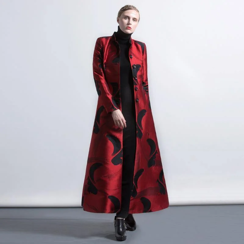 red color black floral European style blended slim fit coats women elegant stand collar jacquard maxi trench coat