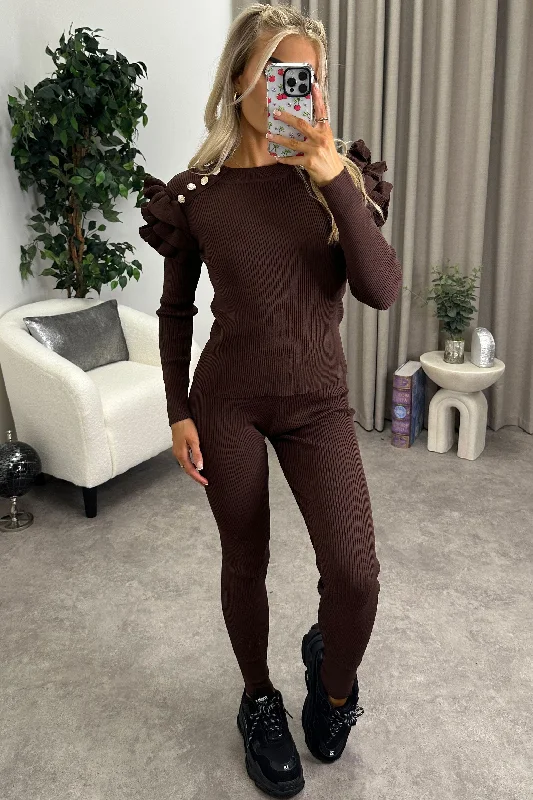 Taya Brown Ribbed Frill Sleeve Top and Leggings Knit Co-Ord Set