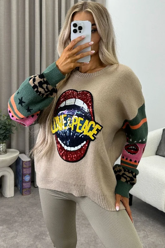 Terry Beige Love and Peace Sequin Slogan Knit Jumper