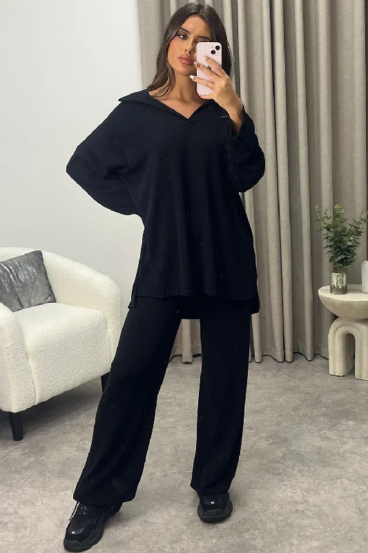 Tinah Black V neck Collared Top and Trousers Knit Loungewear Set