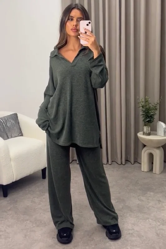 Tinah Khaki V neck Collared Top and Trousers Knit Loungewear Set