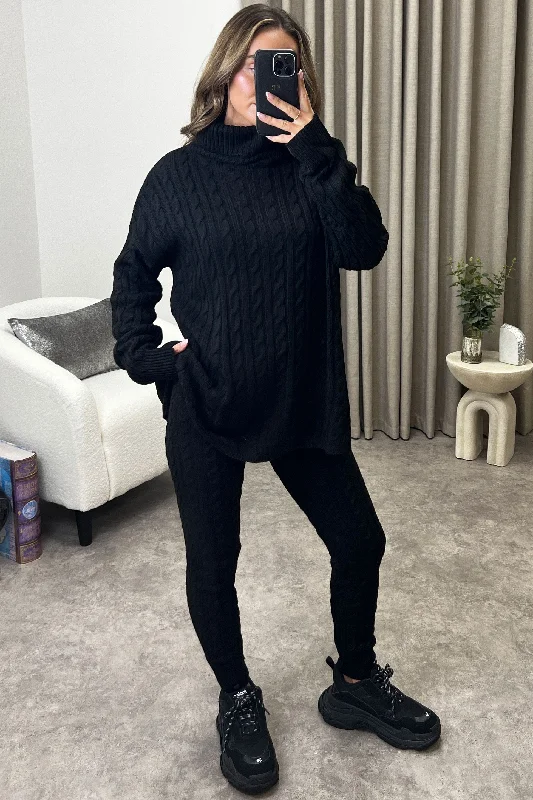 Toni Black Cable Knit Oversized Roll Neck Co-Ord