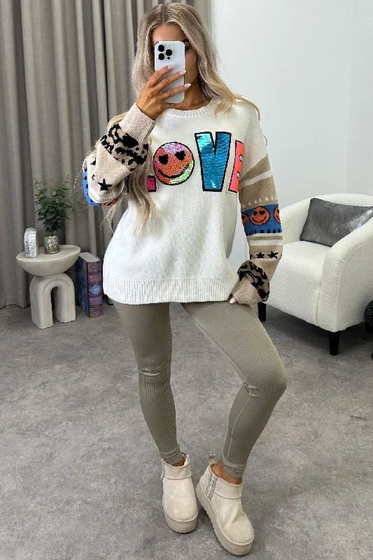 Winny Cream Love Sequin Slogan Knit Jumper