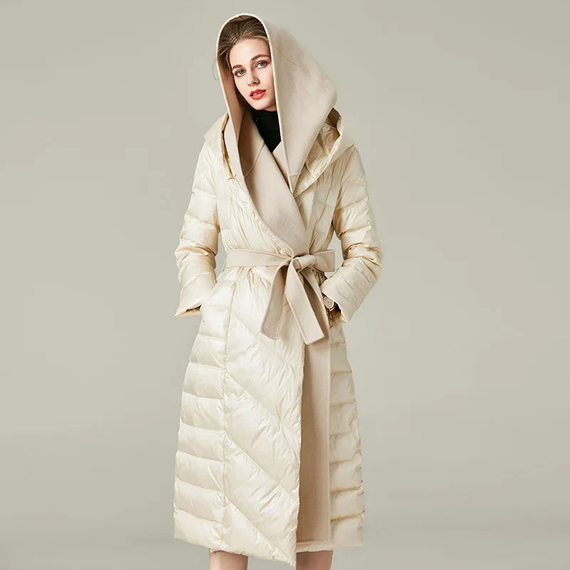 Women's Korean High Street Style Winter White Duck Down Hooded Coat