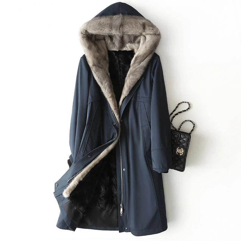 Women's Winter Fashion Hooded Mink Liner Fur Mid-length Thick Warm Coats