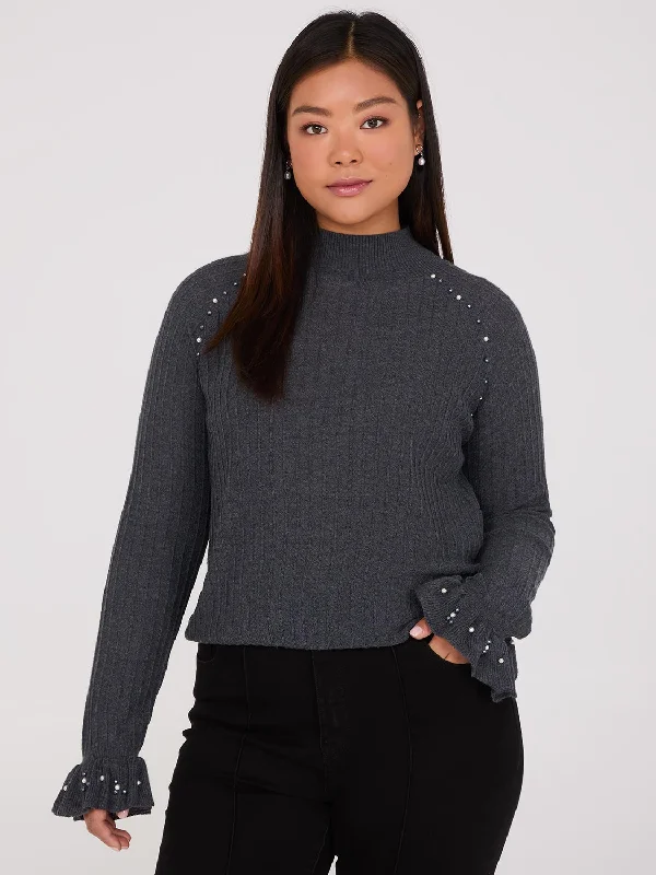 Mock Neck Sweater With Pearl Details