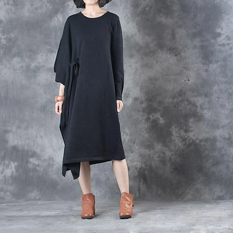 2017 black asymmetric design cotton corduroy knit dress long sleeve sweater dress