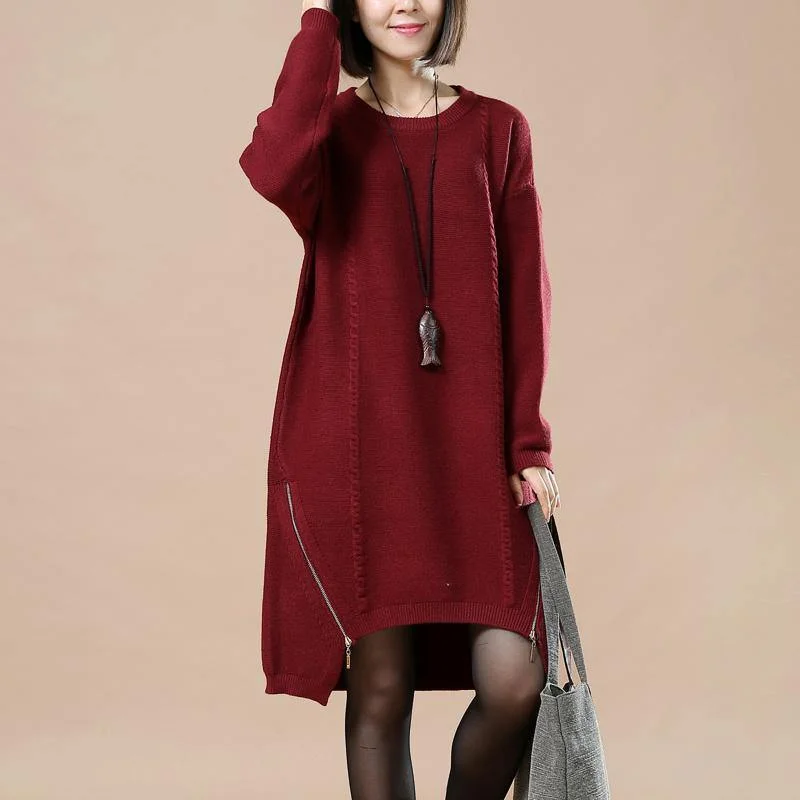 2018 burgundy sweater dress spring fashion long sweaters women side zipper pullover