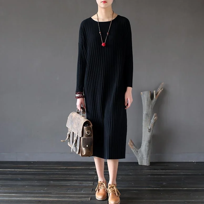 autumn black striped cotton sweater dresses casual slim long sleeve maxi dress