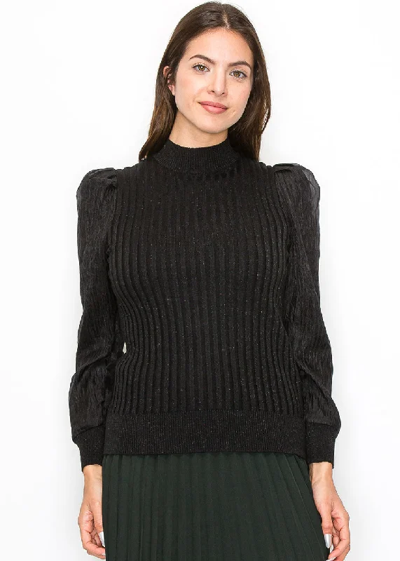 Black Ribbed Sweater with Puff Sleeves