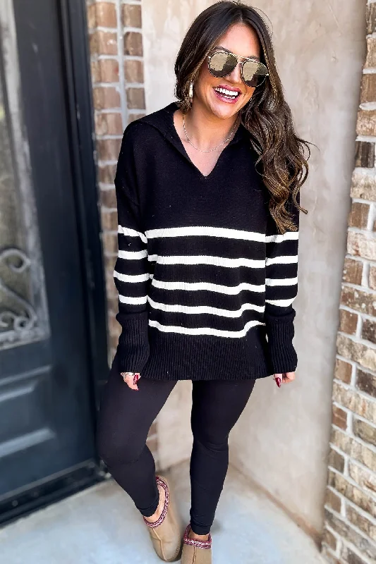 Black Striped Sailor Collar Neck Knit Sweater