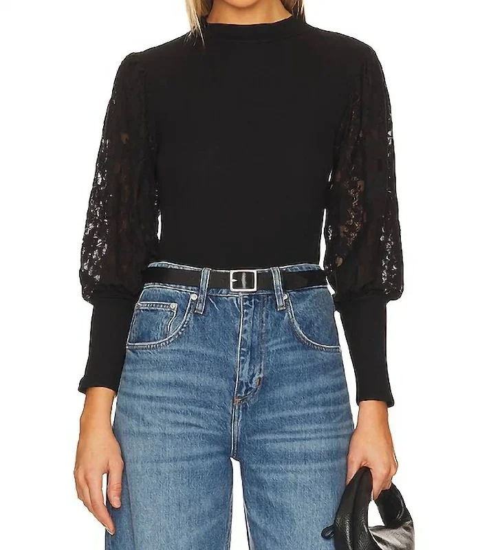 Bobi Mock Neck Top W/ Lace In Black