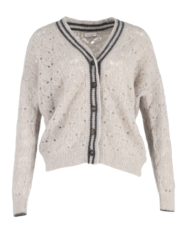 Brunello Cucinell Wo Cropped Pointelle Cardigan in Beige Wool