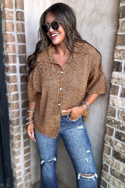 Camel Button Up Sweater Top