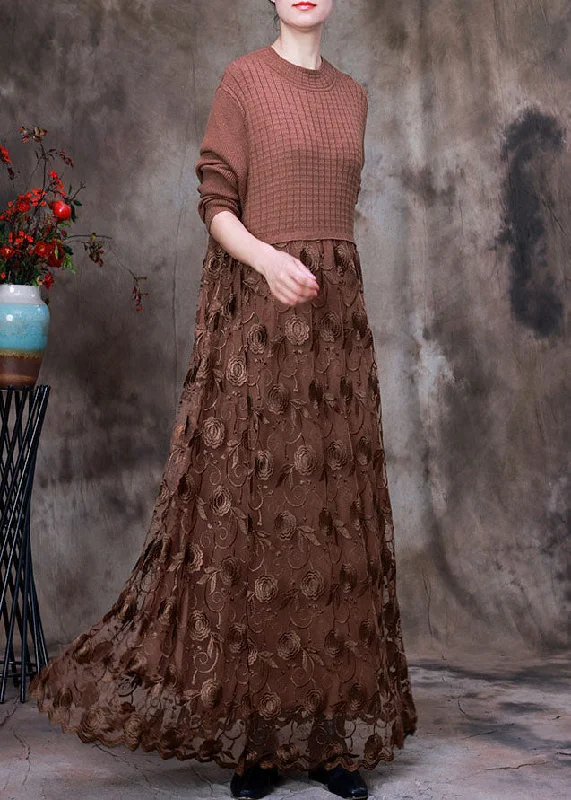 Chocolate Patchwork Knit Long Knit Dress Asymmetrical Winter