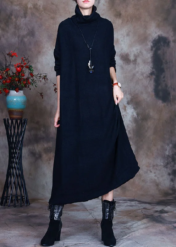 Elegant Black Knit warm Long Dresses Spring