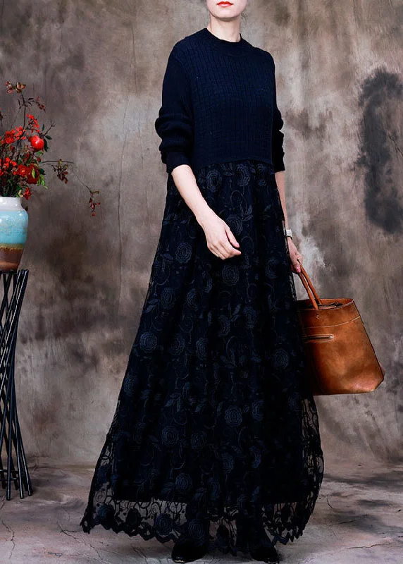 Fashion Black Lace Patchwork Knit Knitted Dress Winter