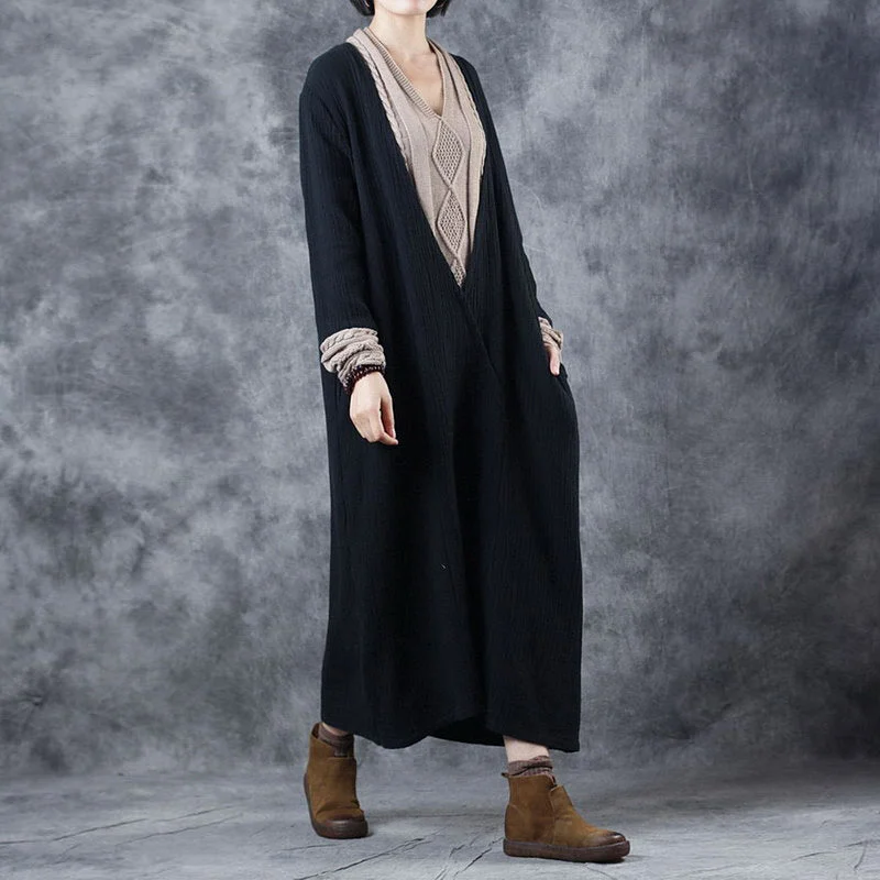 French BlackApricot V Neck Patchwork Pockets Fall Knit Long Sleeve Maxi Dress