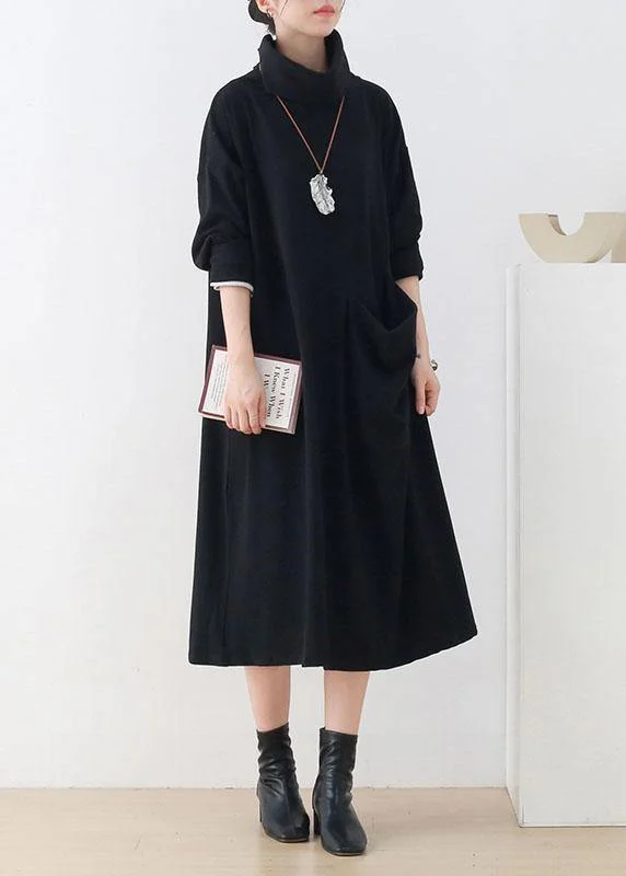 Handmade Black Loose Turtleneck Fall Cotton Dress Long sleeve