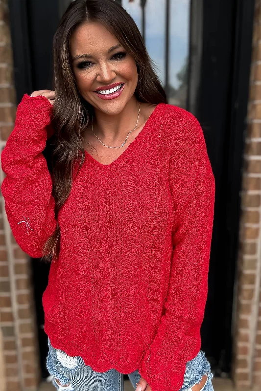 Hello Autumn Red Detailed Sweater